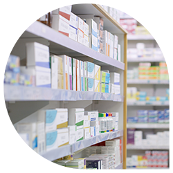 Medicines on shelves in a pharmacy